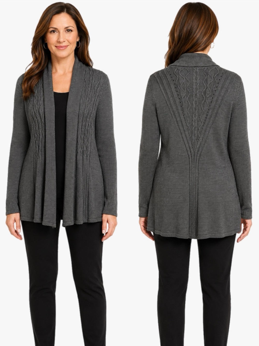 Belldini Women’s Gray Cable Knit Open Front Cardigan Sweater Size Large